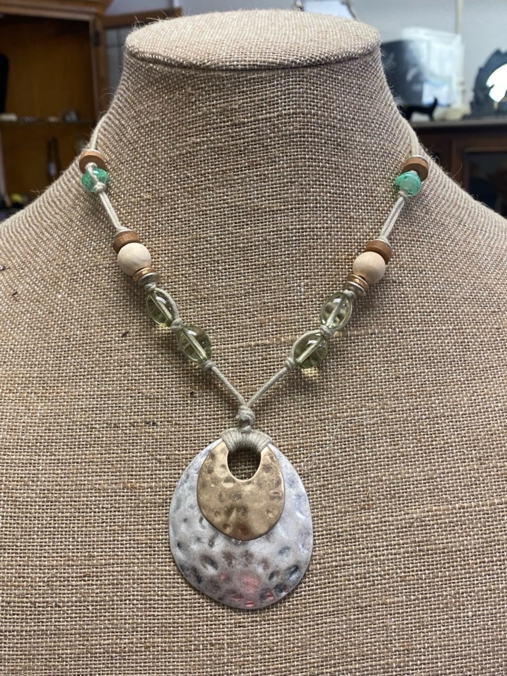 Handmade Mixed-Metal Hammered Pendant Necklace in Green and Natural Tones